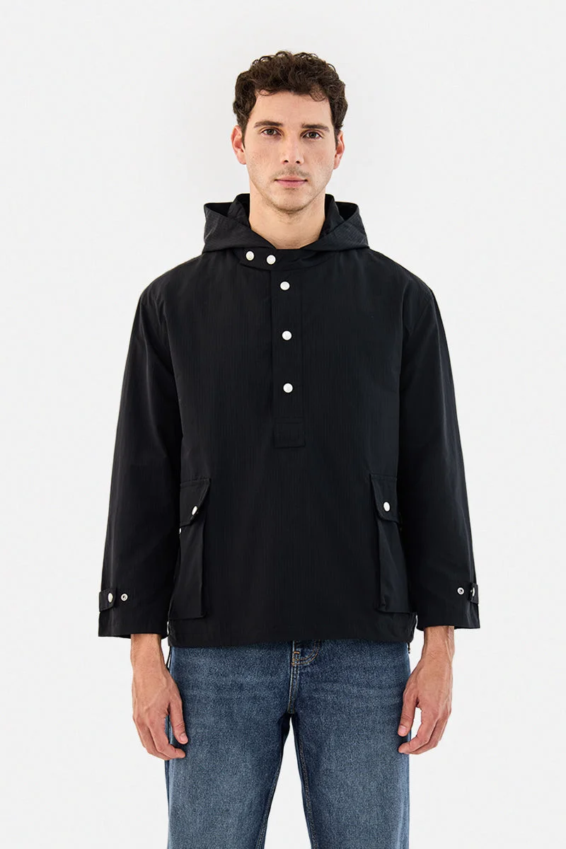 Snitch Black Hooded Snap Button Anarok Jacket for Men | Best Price UAE